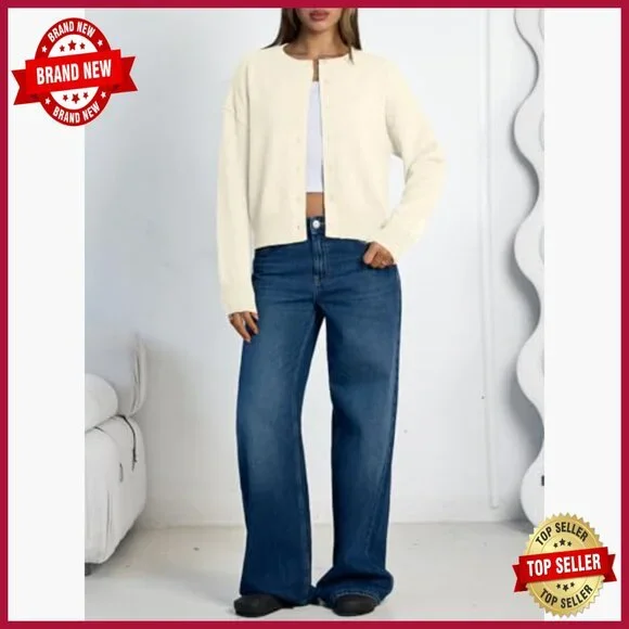 Large Lightweight Cropped Cardigan, Button Front, Ribbed Hem, Versatile Layering - Picture 6 of 6